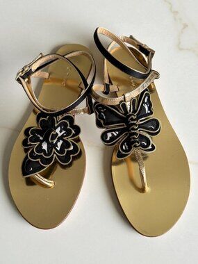 ETRO Black Gold Floral Butterfly Gladiator Sandals Size 37 / US 7